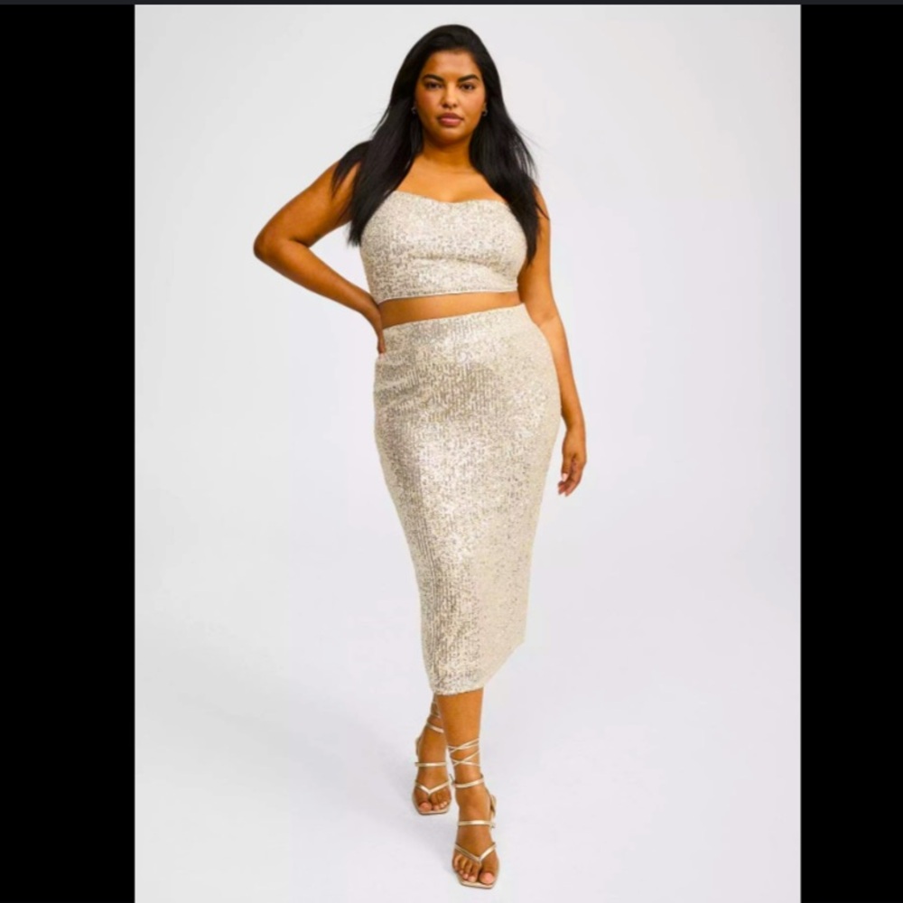 Torrid 2x Champagne Sequin Maxi Crop Top & Skirt Set